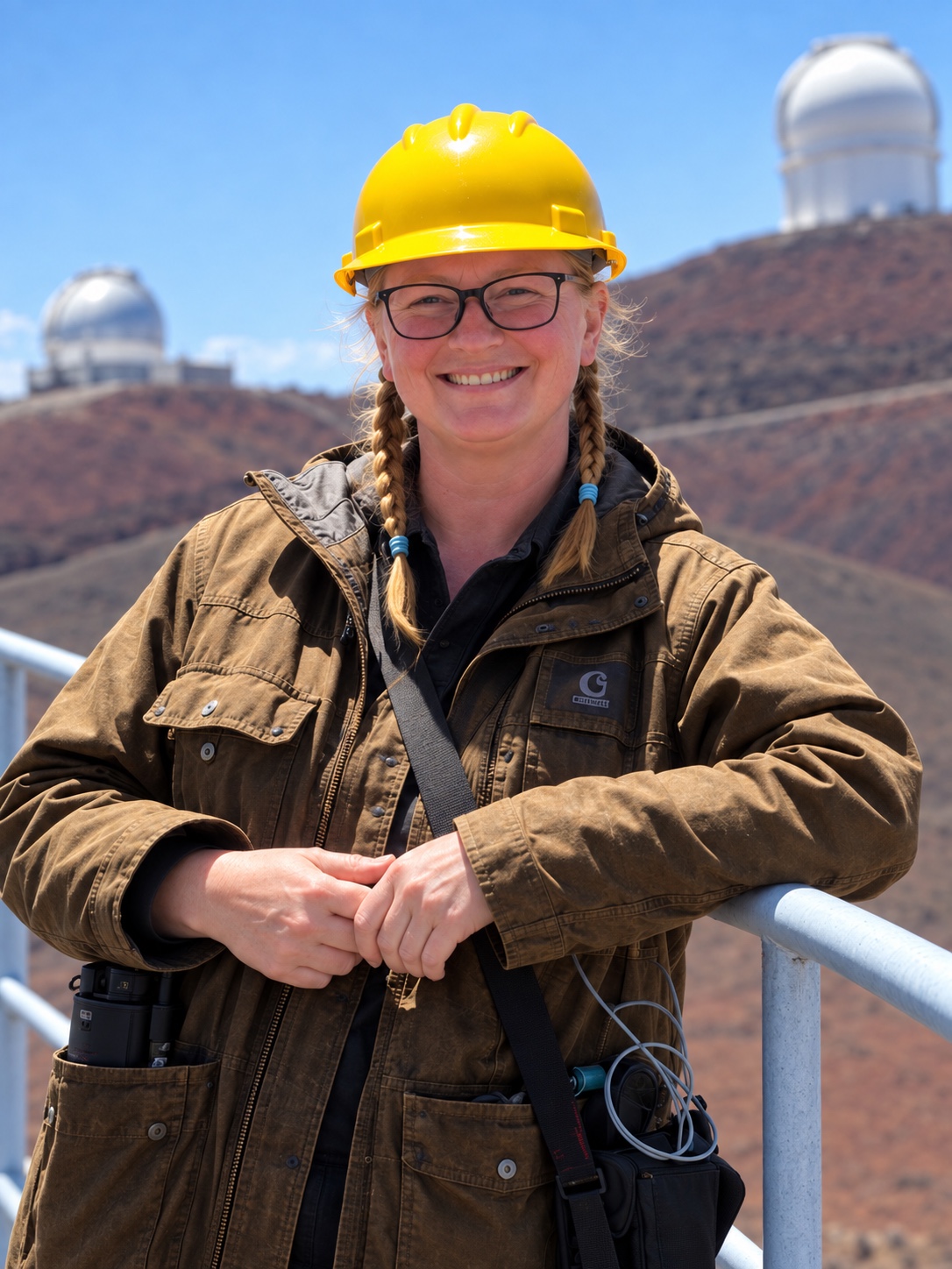 Angelic Ebbers wearing a yellow hardhat at the observatory