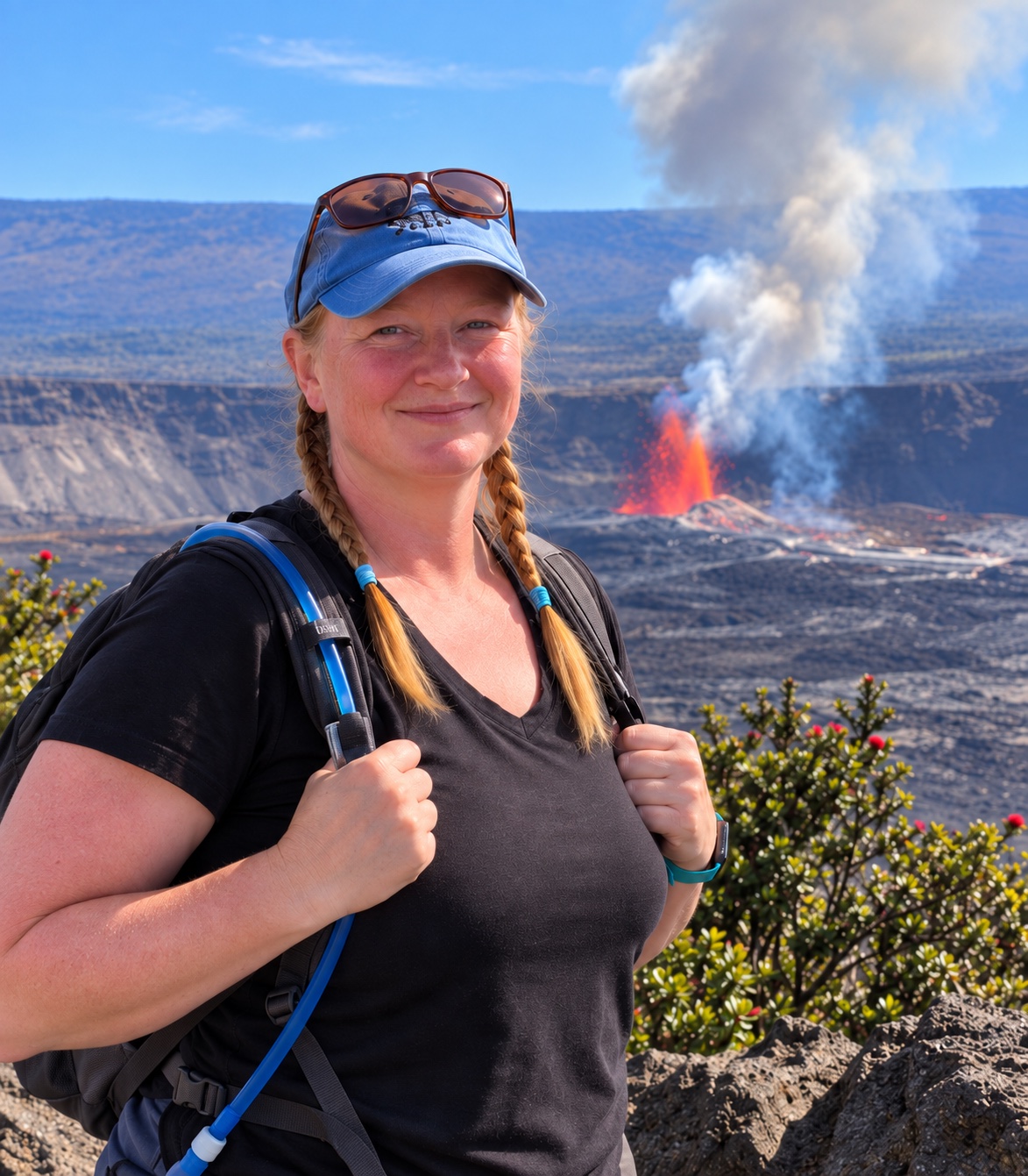 Angelic Ebbers hiking at Halemaʻumaʻu, with a lava fountain in the background